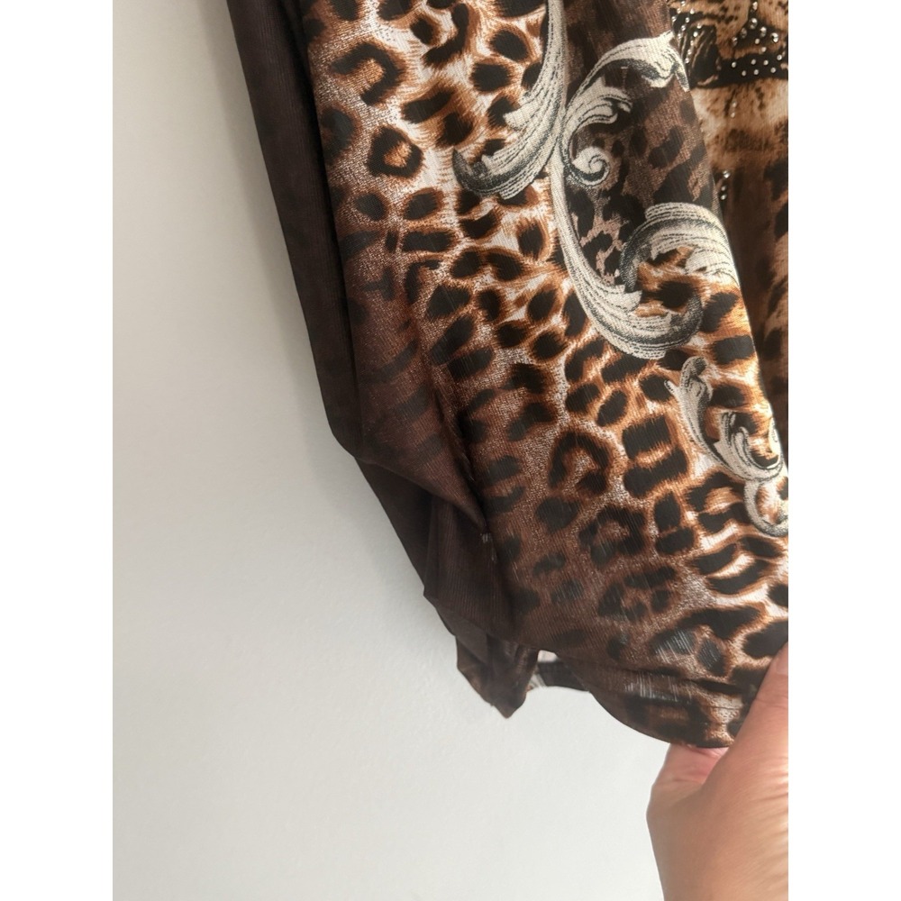 Blossom By P Leopard Tunic Top Rhinestone Bling Slinky Knit Animal Ruched L/XL - Picture 6 of 13